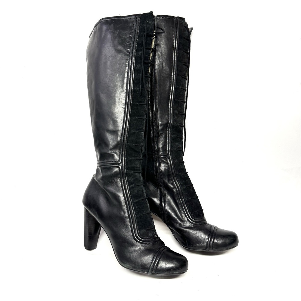 Women’s Max Studio Black Leather Suede Knee High String-Up Boot Heeled Size 11